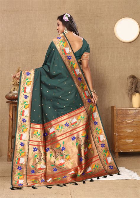 Women's Green Wevon Meenakari Paithani Designer Paithani Silk Saree Wi ...