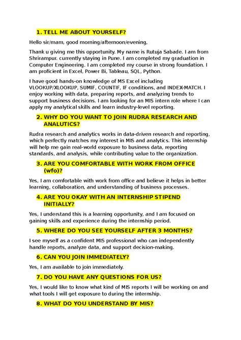 MIS Intern Interview Preparation for Rudra Research & Analytics - Studocu