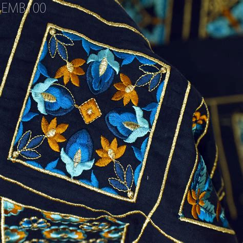 Navy Blue Embroidered Fabric Indian Embroidery Cotton Fabric by the Ya ...