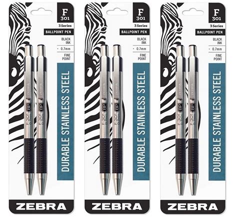 (3) Zebra F-301 Ballpoint Stainless Steel Retractable Pen, Fine Point ...