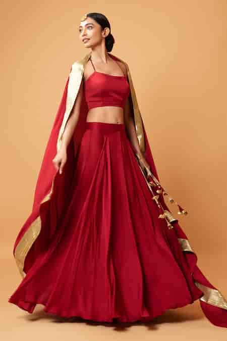 Buy Red Modal Silk Plain Scoop Neck Lehenga Set With Border Embroidered ...