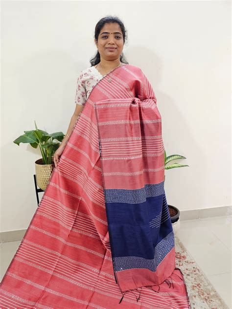 Semi Raw Silk Saree - Peach with Blue – Looms Legacy