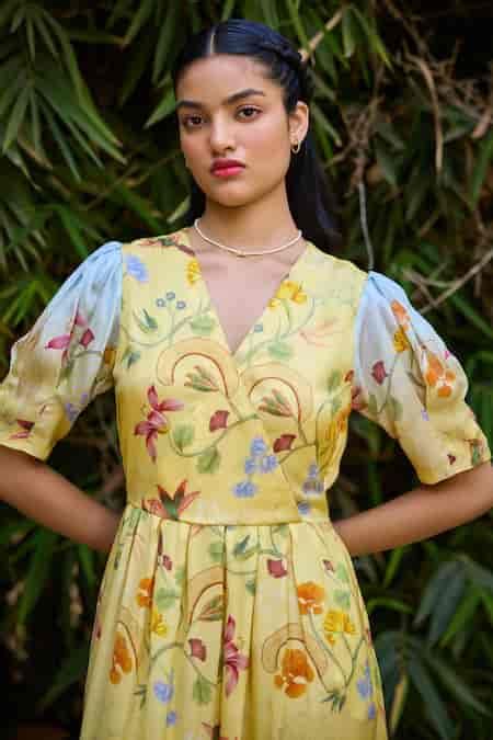 Buy Yellow Silk, Satin V-neck Malta Floral Print Wrap Dress For Women ...