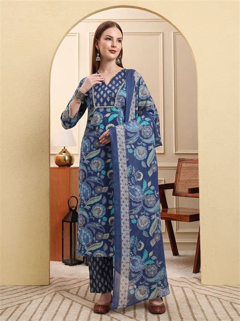 Women's Blue Pure Cotton Floral,Beads And Stones Kurta Set – Trendia