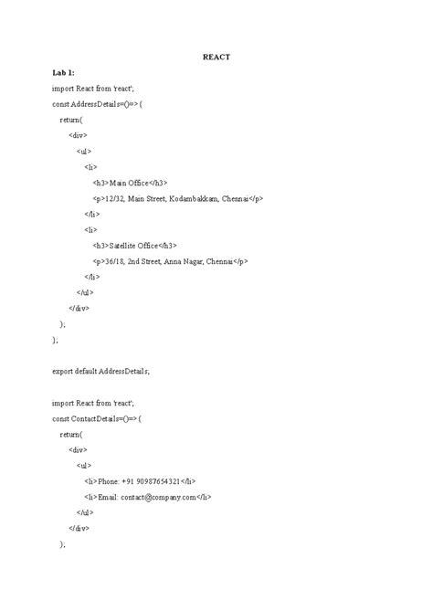 React - 2 marks - REACT Lab 1: import React from 'react'; const ...