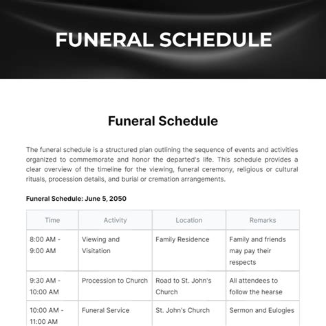 Free Funeral Schedule Template to Edit Online