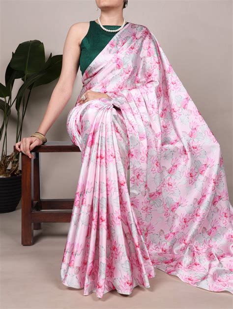Light Pink Elegant Floral Printed Satin Silk Saree with Mono
