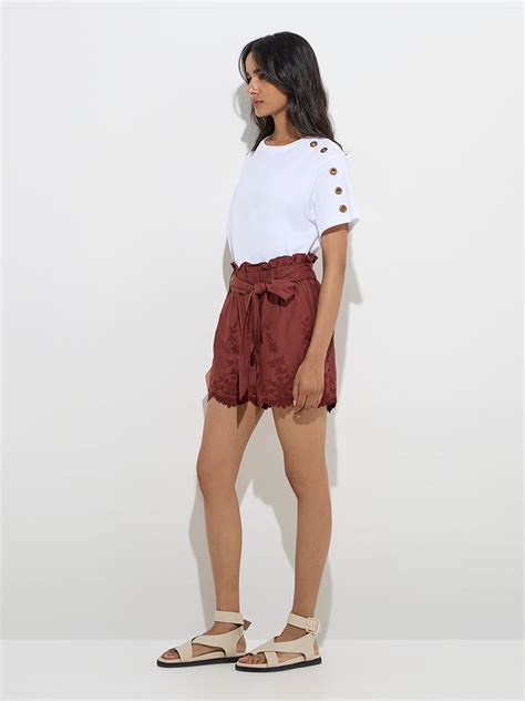Buy LOV Dark Brown Embroidered High-Rise Cotton Shorts with Belt from ...
