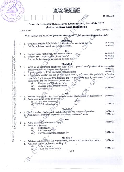 VTU 18ME732 Jan-Feb 2023 Automation and Robotics Question Paper - Studocu