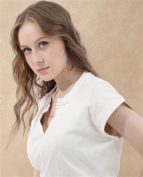 Rareism Women's Sanderson Off White Cotton V-Neck Plain Extended Sleev