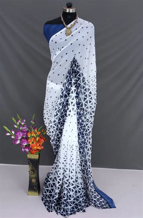 MAJISAFABRICS Navy Blue Georgette Printed Saree with Blouse Piece By ...