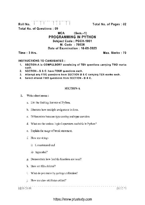 MCA Programming in Python Exam Notes (Code: 79036) - Studocu