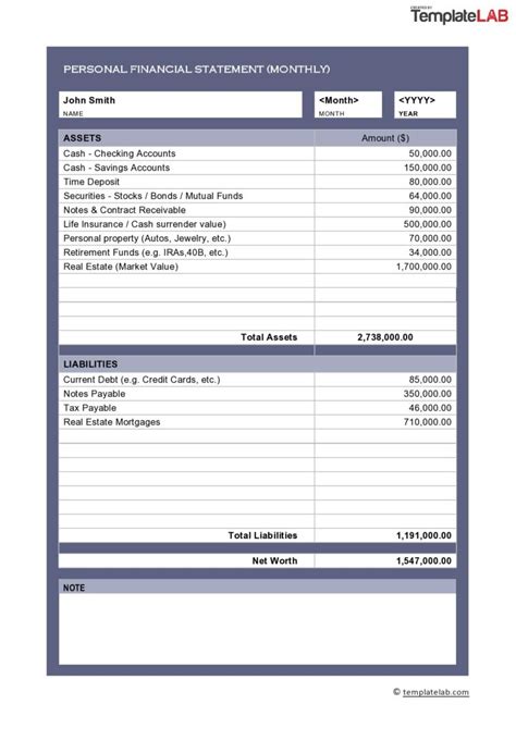 Image result for Personal Financial Statement Format