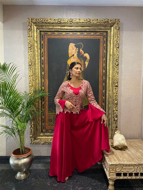 Apsara Red Embroidered Skirt Palazzos & Jacket | Deval Store