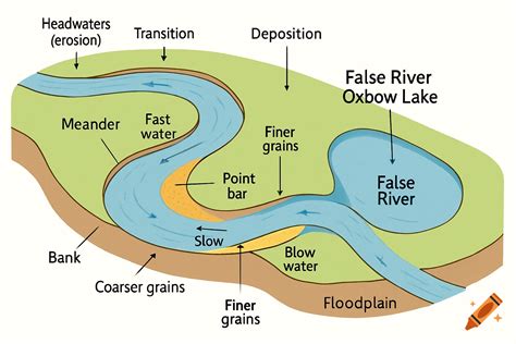 Diagram of a river meander, showing erosion, deposition, point bar ...