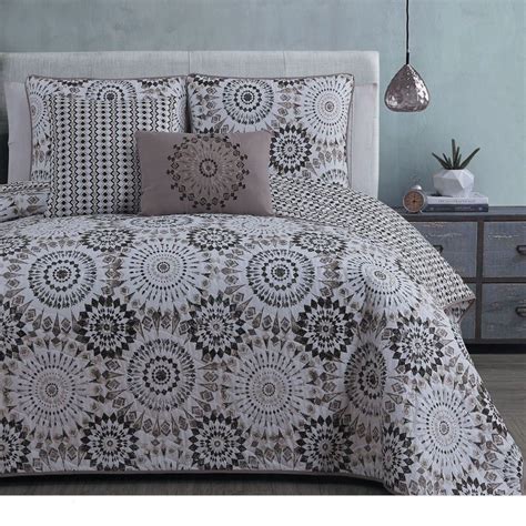 NEW Queen King Bed Taupe Brown Beige Geometric Circles 5 pc Quilt ...