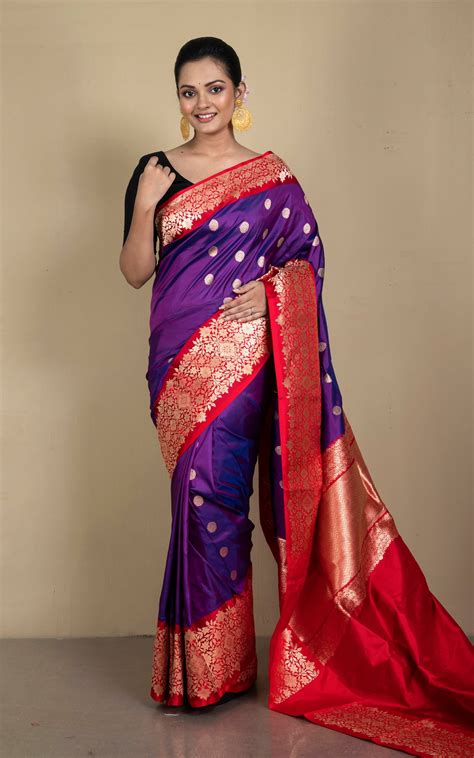 Woven Jacket Nakshi Border Pure Katan Banarasi Silk Saree in Purple, R ...