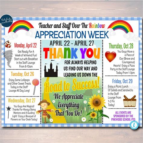 Over The Rainbow Themed Teacher Appreciation Week Itinerary Poster ...