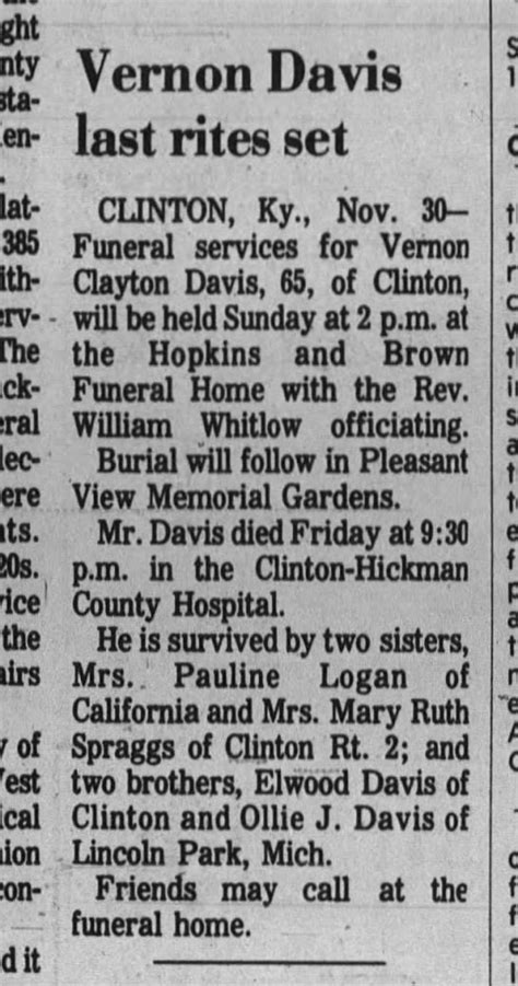 Vernon Clayton Davis Obituary in The Paducah Sun, Kentucky 1974
