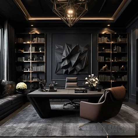 Elegant and Luxurious Home Office Photo Modern Design in Black, Gol...