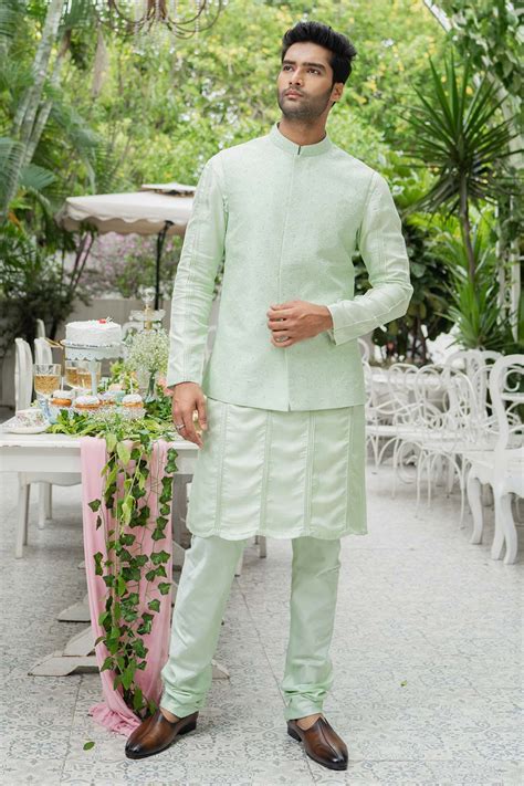 Varun Chakkilam Menswear - Pistachio Green Nehru Jacket Set - Elahe