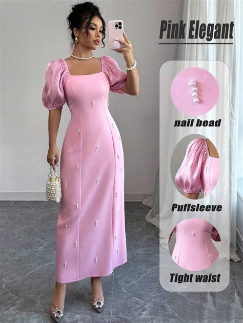 Elenzga Elegant Dress With Square Collar, Puff Sleeves And Pearl Decor ...