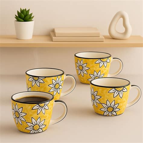 KITTENS Ceramic Mug Set of 4 – 375ml | Yellow Floral Hand-Painted ...