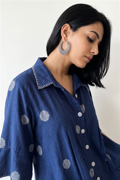 Indigo Snow Polka Cotton Box Pleat Button Down Shirt Dress - maati crafts