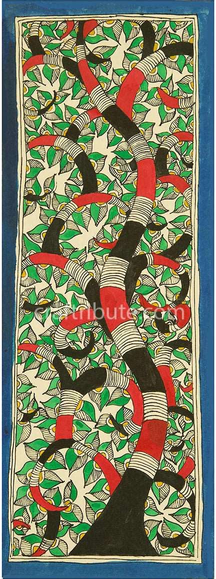 Craftribute Mithila Art | Red & Black Tree | 14.5 cm x 38 cm