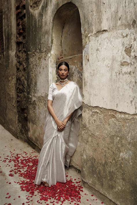 Silver Tissue Saree - Buy Milky Way Galaxy White Silver Saree | Huts ...