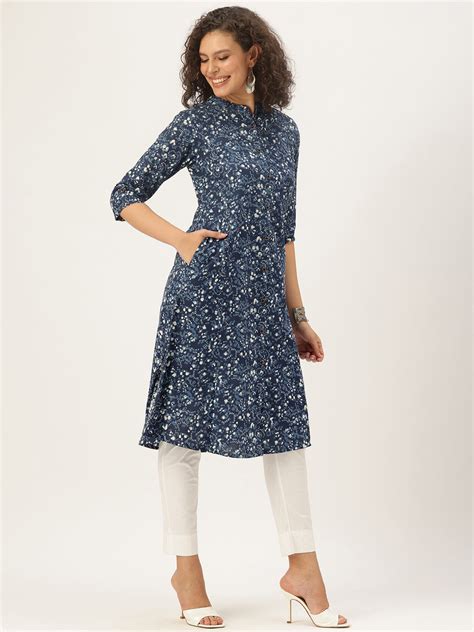 Blue Indigo Printed Mandarin Collar A-Line Kurta – Amukti - The Women's ...