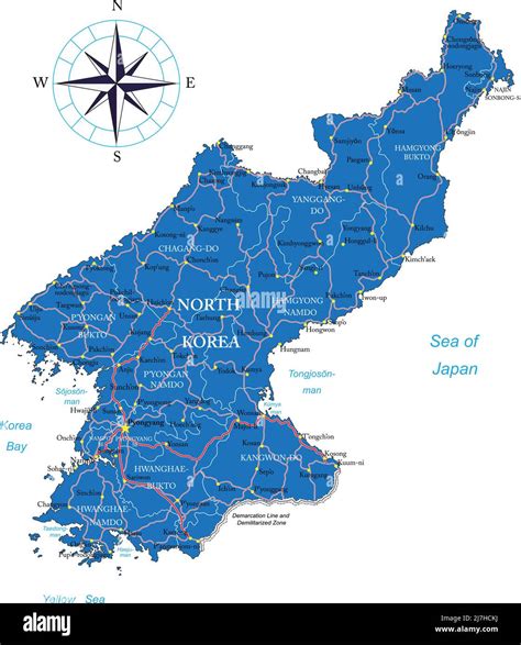 Highly detailed vector map of North Korea with administrative regions ...