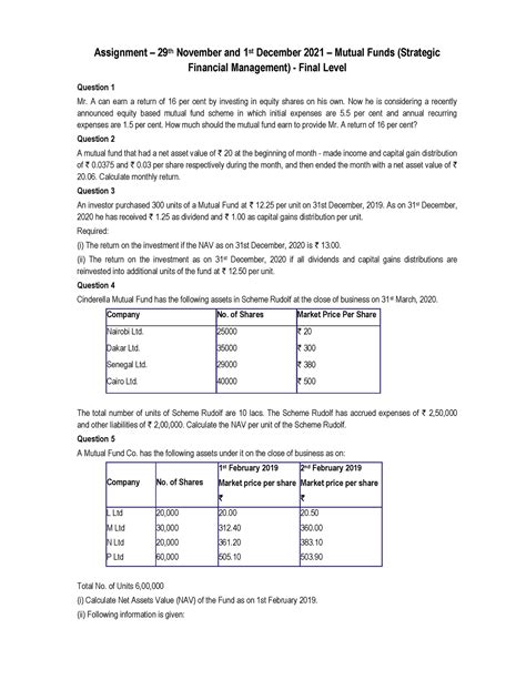Mutual funds questions - Assignment – 29th November and 1st December ...