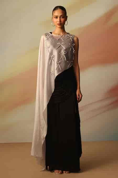 Buy Vanshika Agarwal Label Black And Silver Satin Georgette Skirt Set ...