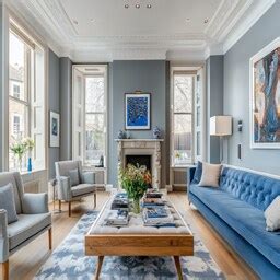 Modern Off-White And Turquoise Living Room Design With White Storage Unit
