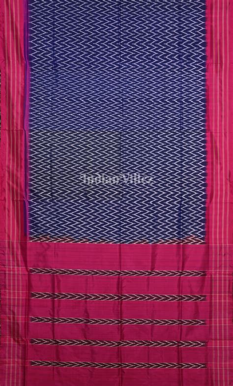 Navy Blue Rani Pink Pochampally Ikat Silk Saree – IndianVillèz