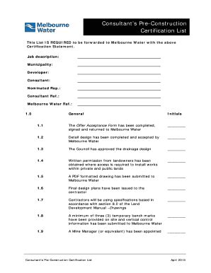 Fillable Online Pre-construction Certification Checklist - Melbourne ...