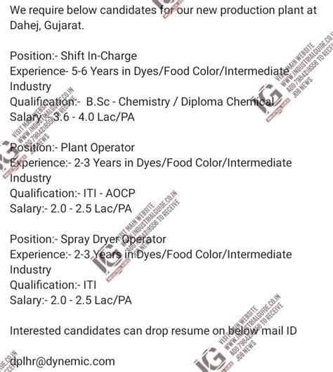 Dynemic Production Dahej jobs for Production Shift Incharge Spray Dryer ...
