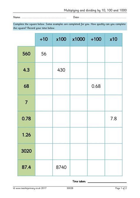 Dividing By 10 100 And 1000 Worksheet - Chart Sheet Gallery