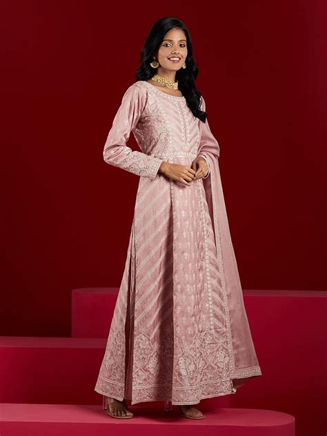 Buy Libas Art Dusty Pink Embroidered Silk A-Line Kurta With Trousers ...