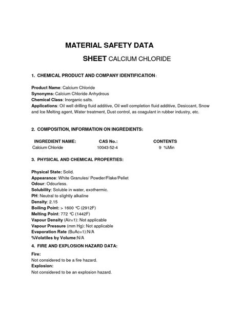 Calcium Chloride Safety Data Sheet | PDF | Science & Mathematics