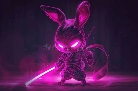 Cartoon Rabbit Wear Pink Ninja Suit. in the Dark Night. Stock ...