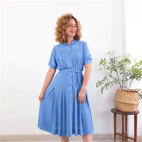 Vintage 70s Blue Pleated Dress, 70s Short Sleeve Midi Shirtdress, 70s ...