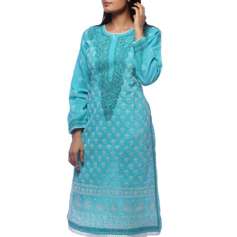 Seva Chikan Hand Embroidered Turquoise Cotton Lucknowi Chikan Kurti-SC