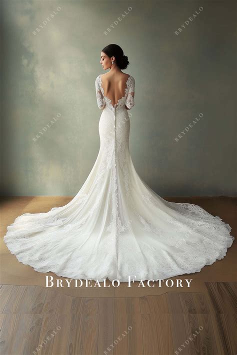 backless sheer sleeve custom lace mermaid long train wedding dress