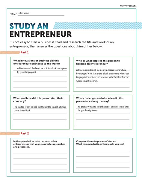 Social studies entrepreneurship worksheets