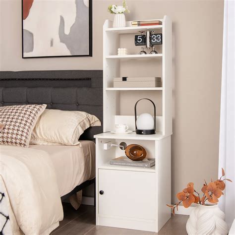 Tall Bedside Table Nightstand with Charging Station and Bookshelf - On ...
