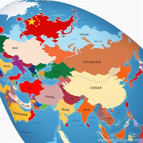 World Map with China, Russia, Iran, US, Israel, Taiwan Flags | Stable Diffusion Online