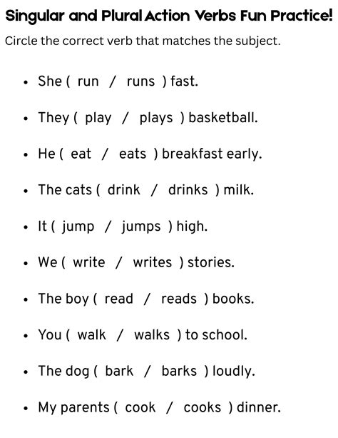 action verbs singular and plural worksheet | Teaching Resources