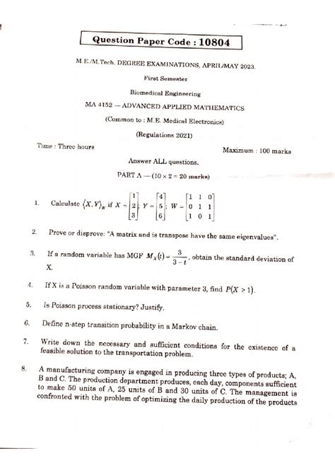 MA 4152 Final Exam Question Paper - Advanced Applied Mathematics 2023 ...